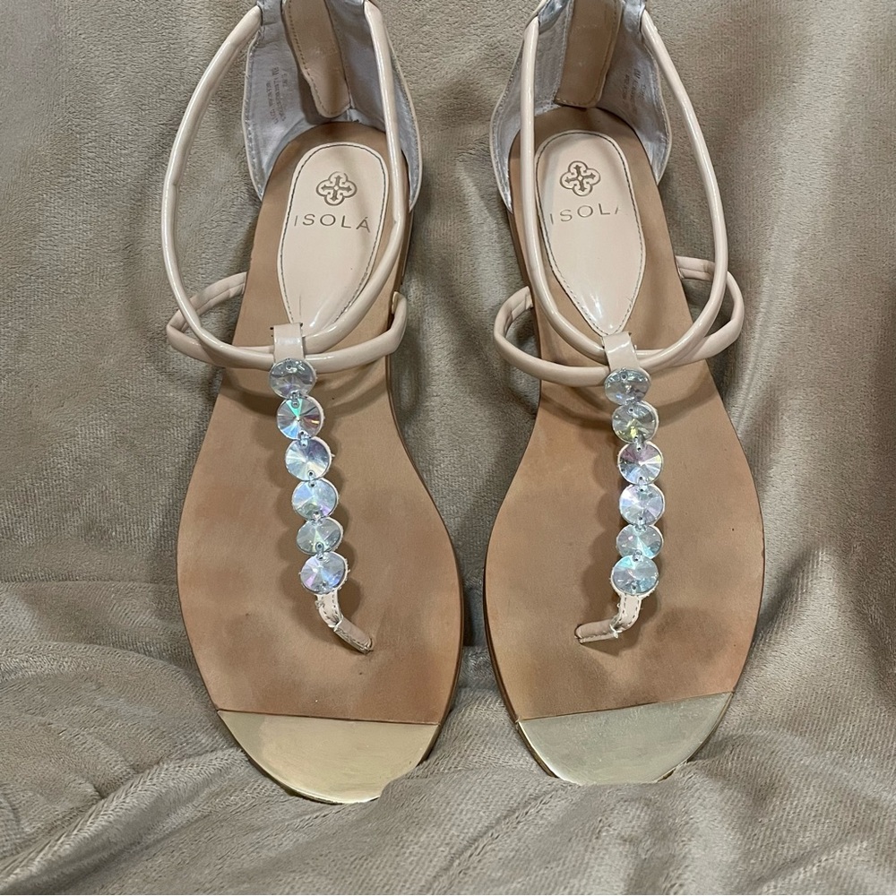 Isola Nude Crystal T-Strap Sandals with Gold Toe Caps. - Picture 3 of 6